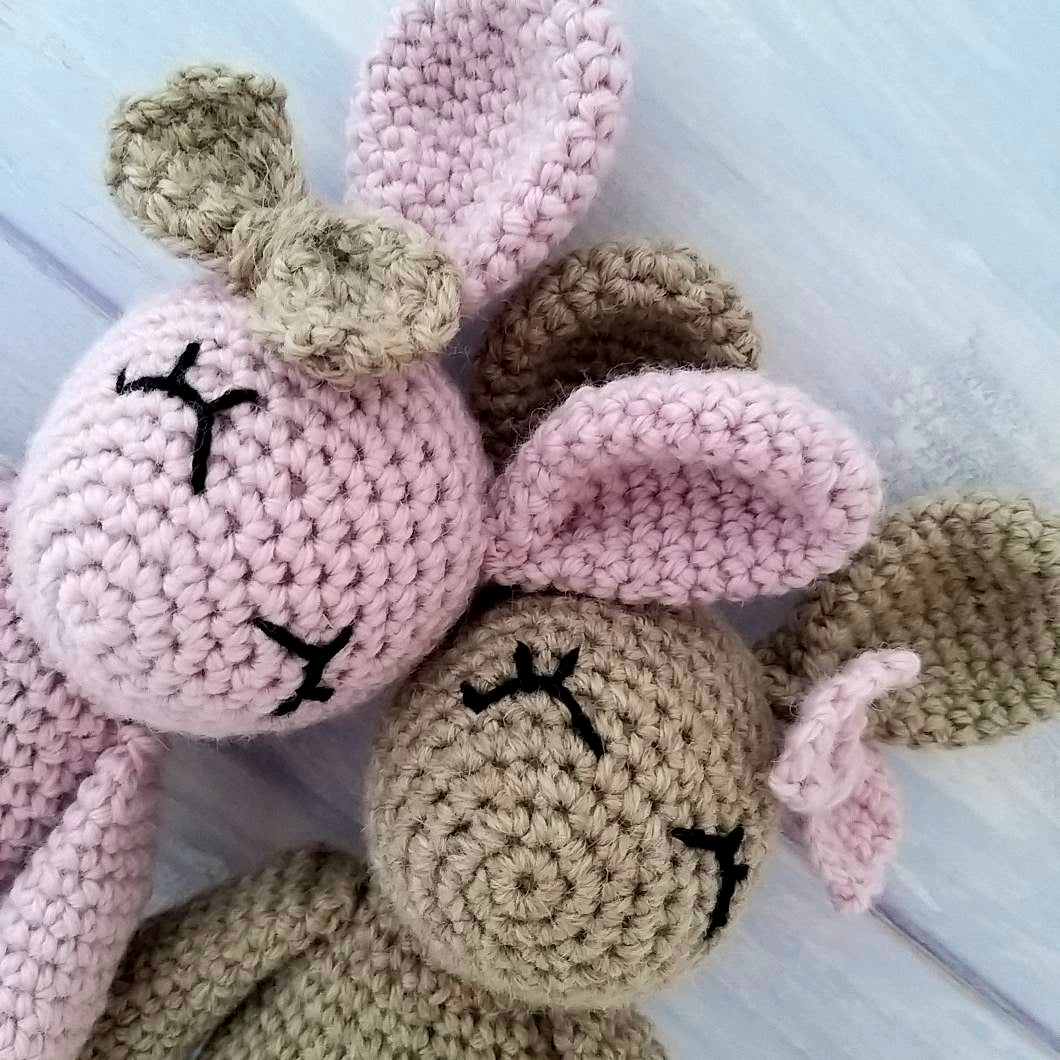 Close up of crochet rabbit's face and eye details